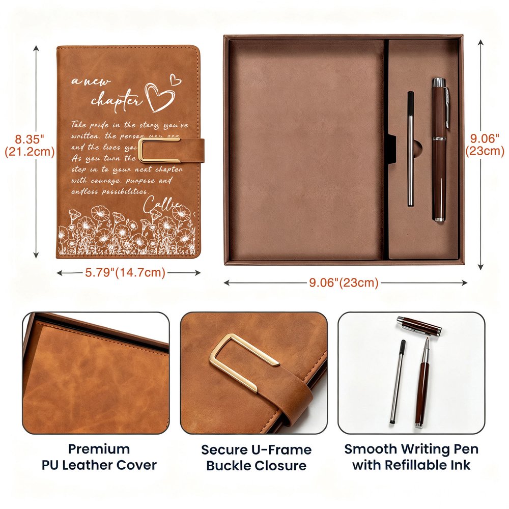 Taccuino personalizzato in pelle PU formato A5 con motivo floreale "A New Chapter" e nome, ideale come regalo di pensionamento, addio o fine rapporto di lavoro per un amico o un collega in pensione 8