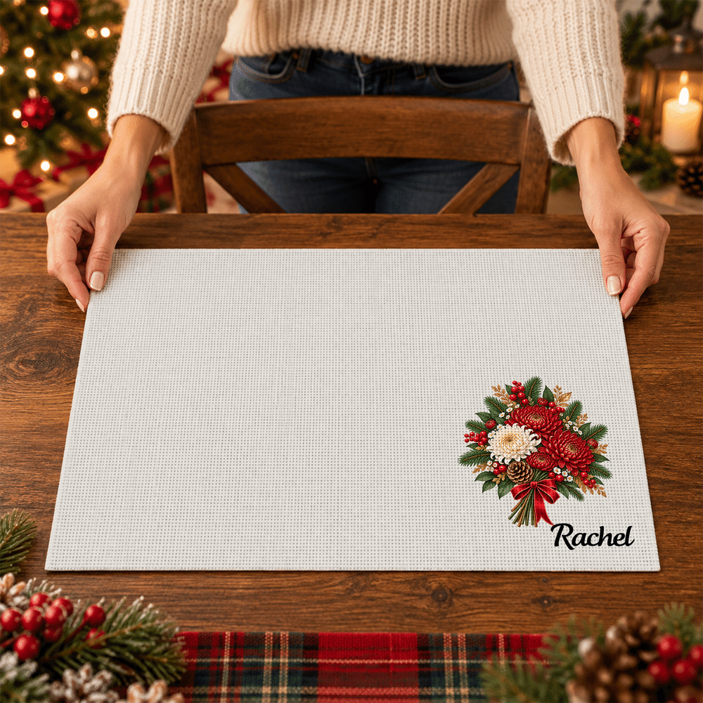 Tovaglietta natalizia personalizzata con fiore del mese di nascita e nome – Decorazione per cucina e sala da pranzo – Regalo di Natale per la famiglia e gli amici 6
