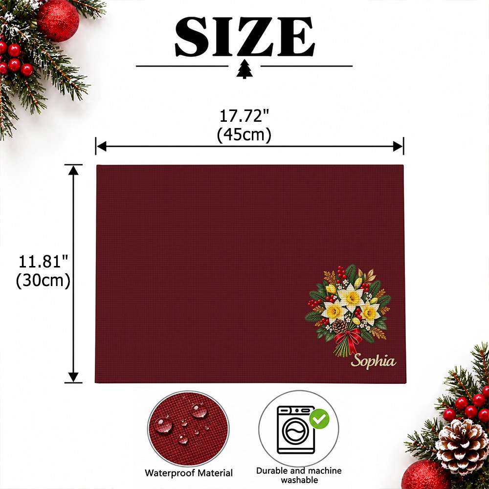 Tovaglietta natalizia personalizzata con fiore del mese di nascita e nome – Decorazione per cucina e sala da pranzo – Regalo di Natale per la famiglia e gli amici 7