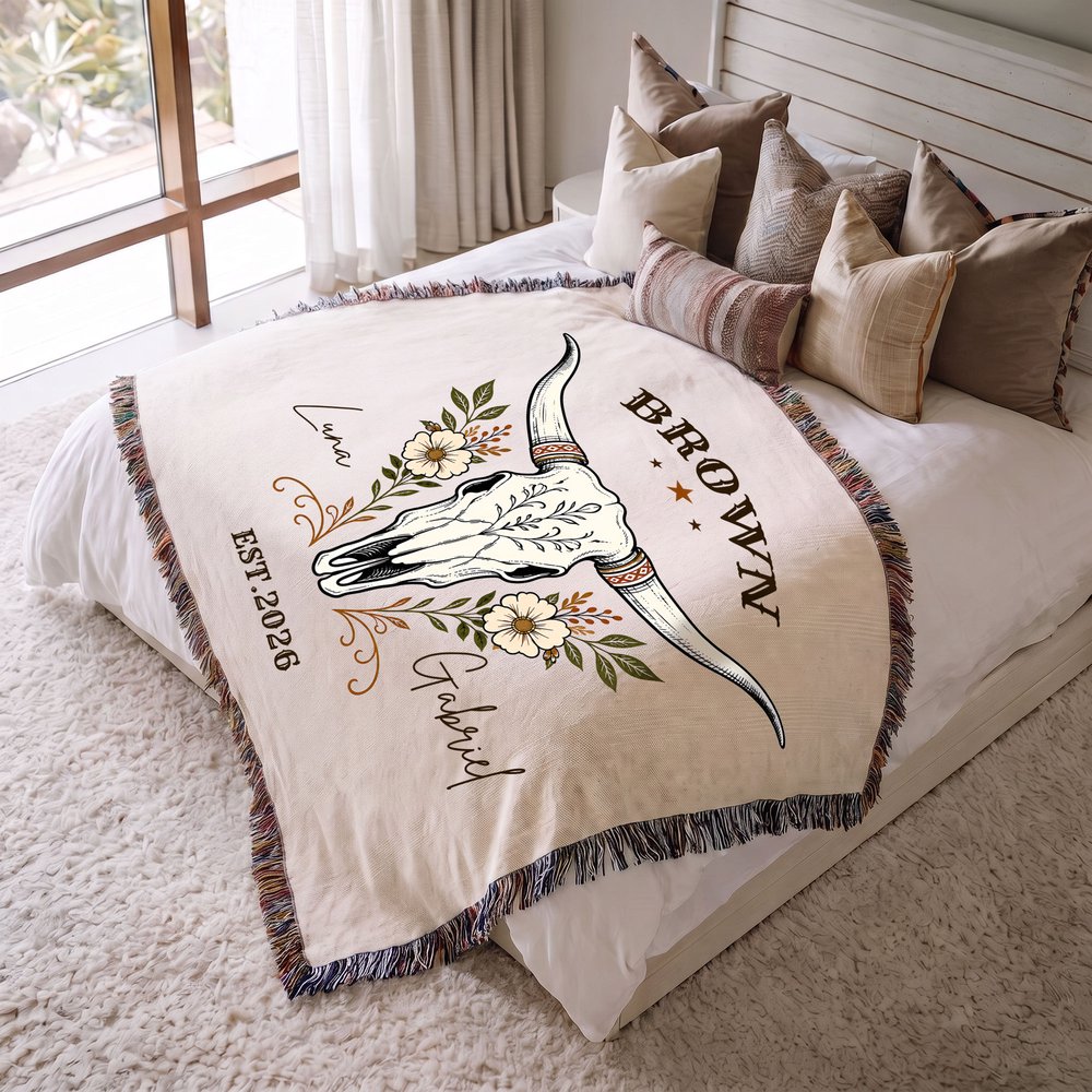 Personalised Western Cow Skull Tassel Blanket with Names and Year Home Decor Birthday Anniversary Gift for Couples 3