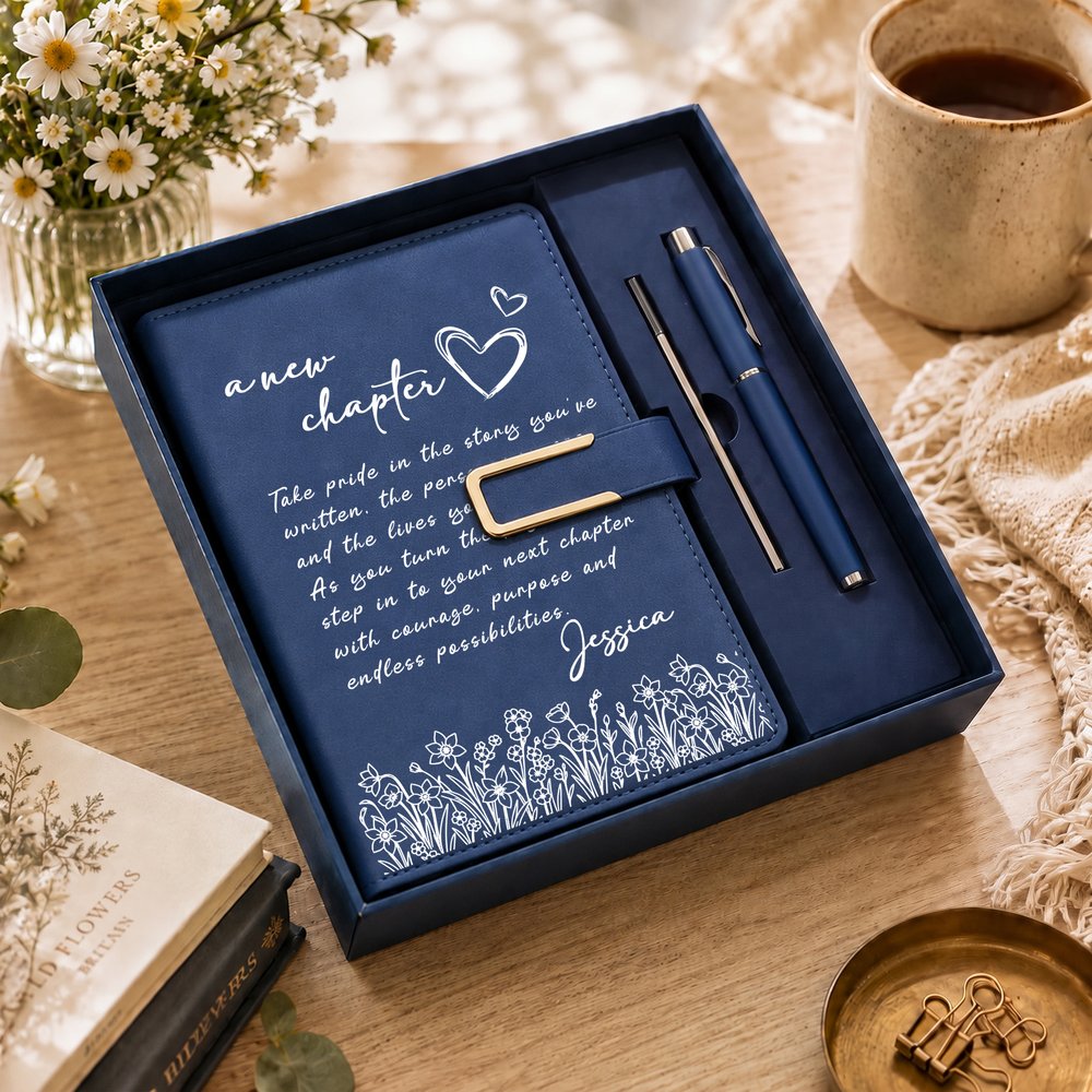 Taccuino personalizzato in pelle PU formato A5 con motivo floreale "A New Chapter" e nome, ideale come regalo di pensionamento, addio o fine rapporto di lavoro per un amico o un collega in pensione 3