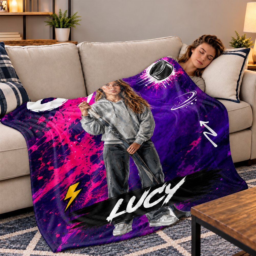 Personalized Graffiti Oil Painting Style Photo Soft Throw Blanket with Name Ice Hockey Club Birthday Gift for Ice Hockey Player Lover 5