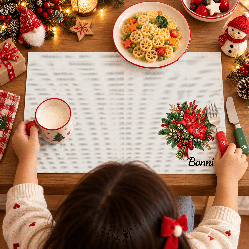 Tovaglietta natalizia personalizzata con fiore del mese di nascita e nome – Decorazione per cucina e sala da pranzo – Regalo di Natale per la famiglia e gli amici 3