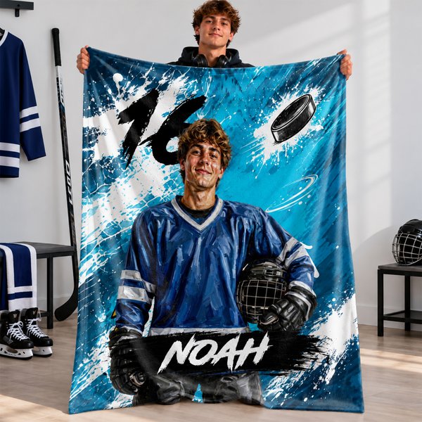 Personalized Graffiti Oil Painting Style Photo Soft Throw Blanket with Name Ice Hockey Club Birthday Gift for Ice Hockey Player Lover