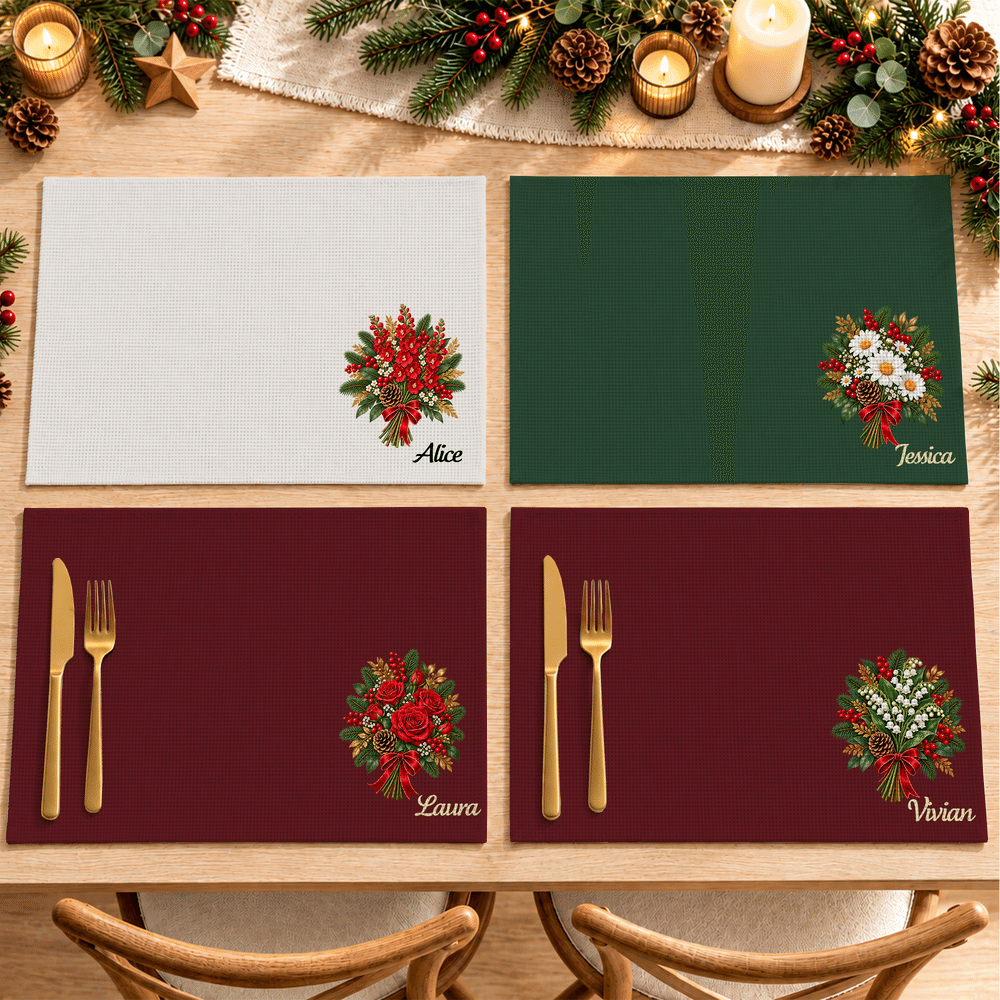 Tovaglietta natalizia personalizzata con fiore del mese di nascita e nome – Decorazione per cucina e sala da pranzo – Regalo di Natale per la famiglia e gli amici 4