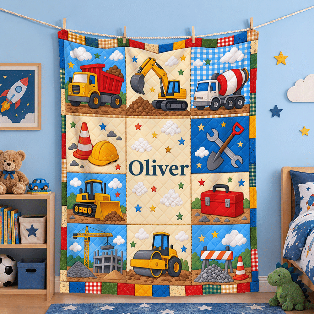 Personalised Patchwork Construction Lorry Faux Quilted Soft Throw Blanket with Name Home Decor Birthday Christmas Holiday Gift for Boys Kids 7