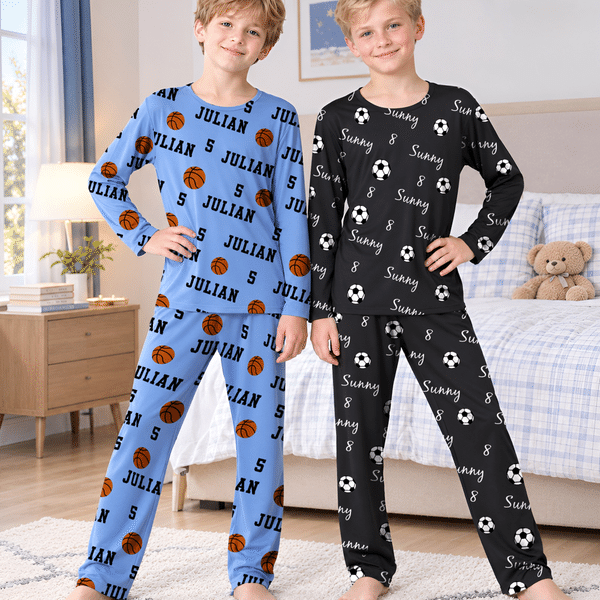 Personalized Multicolour Ball Sports Soft Long Sleeve Pajama Set with Name and Number Home Wear Birthday Gift for Kid Man Woman Sport Lover