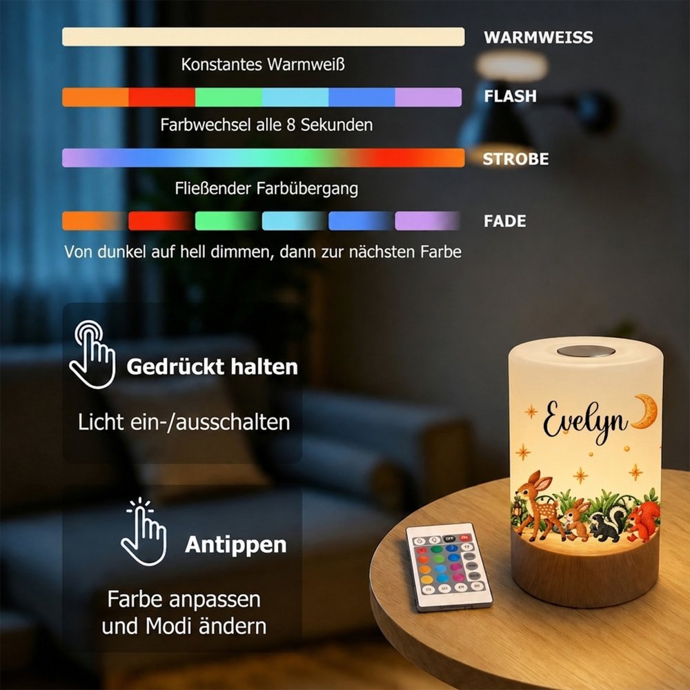 Personalisiertes Nachtlicht mit Waldtier und Namen | mit Hase Reh & Igel | Begleiter durch die Nacht | Geburstags- & Weihnachtsgeschenk für Kinder 8