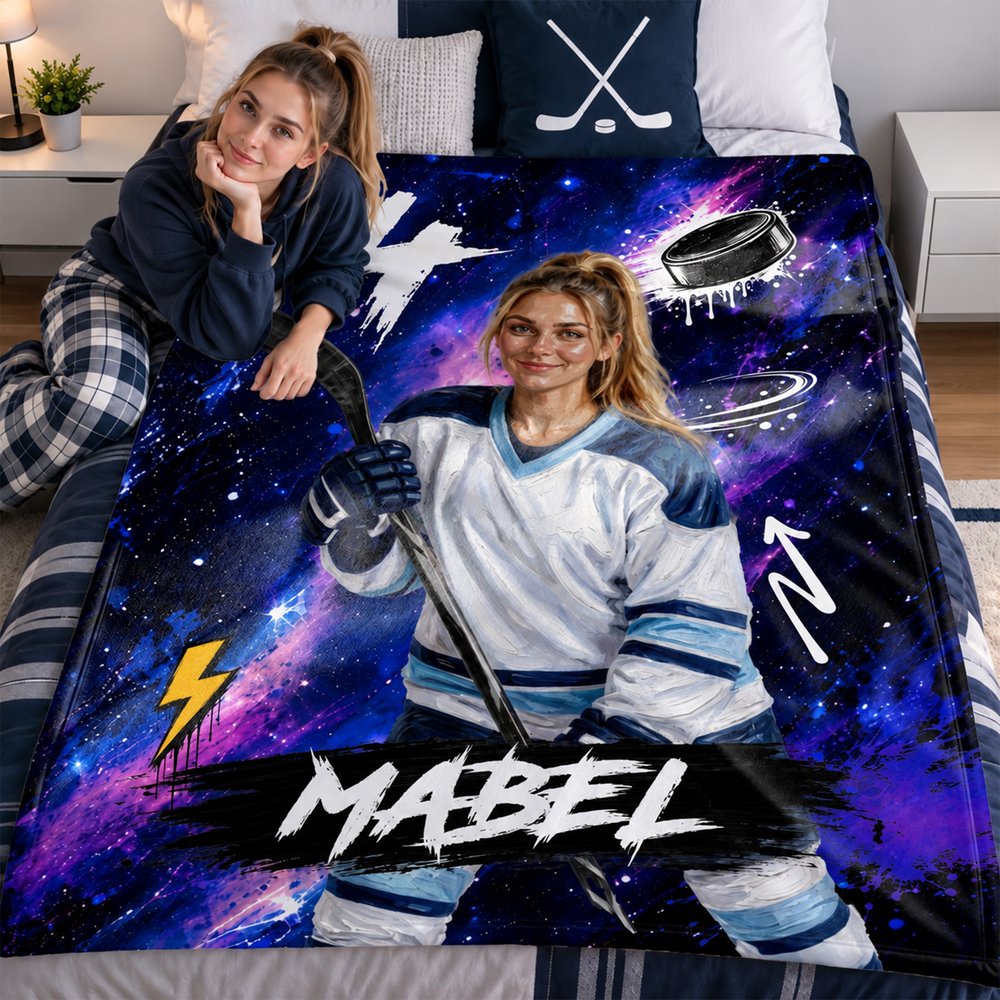 Personalized Graffiti Oil Painting Style Photo Soft Throw Blanket with Name Ice Hockey Club Birthday Gift for Ice Hockey Player Lover 2