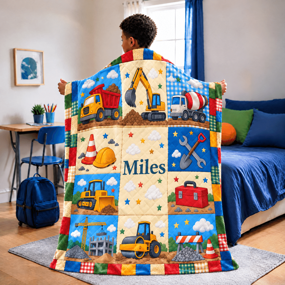 Personalised Patchwork Construction Lorry Faux Quilted Soft Throw Blanket with Name Home Decor Birthday Christmas Holiday Gift for Boys Kids 4