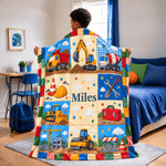 Personalised Patchwork Construction Lorry Faux Quilted Soft Throw Blanket with Name Home Decor Birthday Christmas Holiday Gift for Boys Kids 4