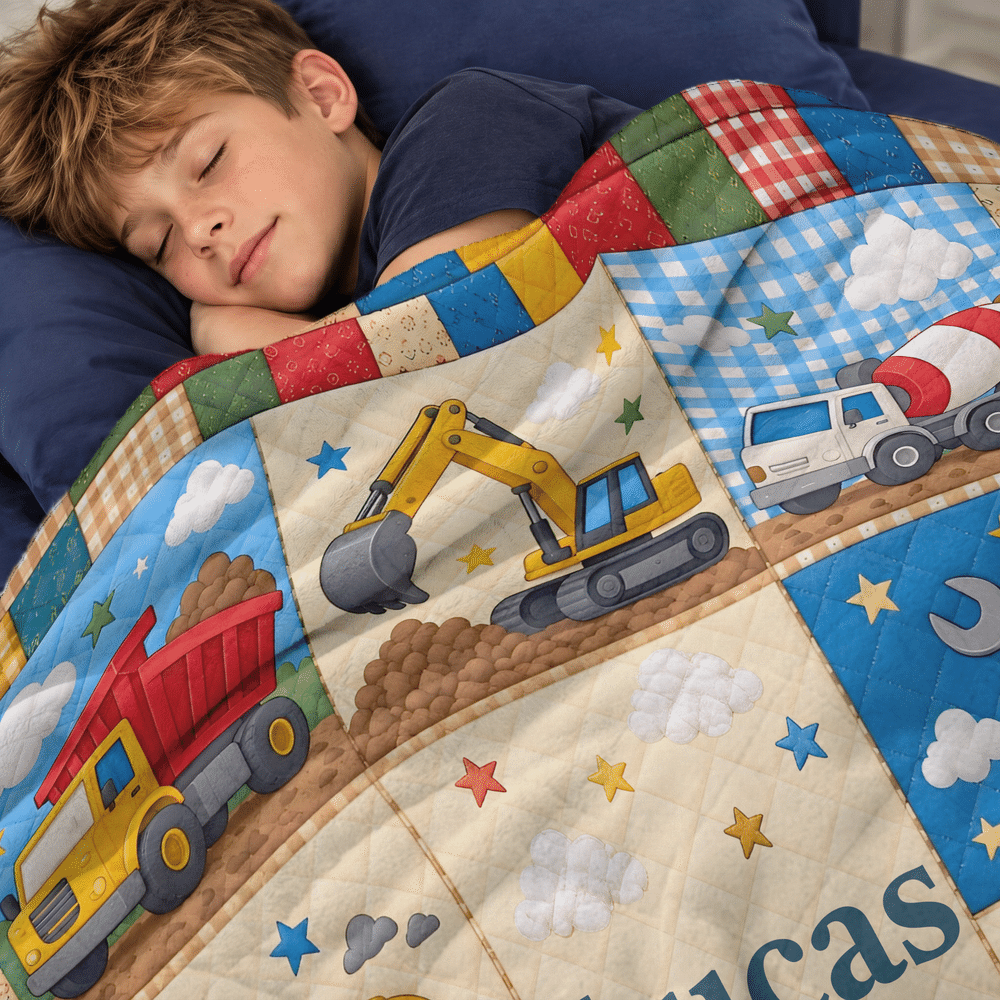 Personalised Patchwork Construction Lorry Faux Quilted Soft Throw Blanket with Name Home Decor Birthday Christmas Holiday Gift for Boys Kids 5