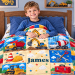 Personalised Patchwork Construction Lorry Faux Quilted Soft Throw Blanket with Name Home Decor Birthday Christmas Holiday Gift for Boys Kids 3