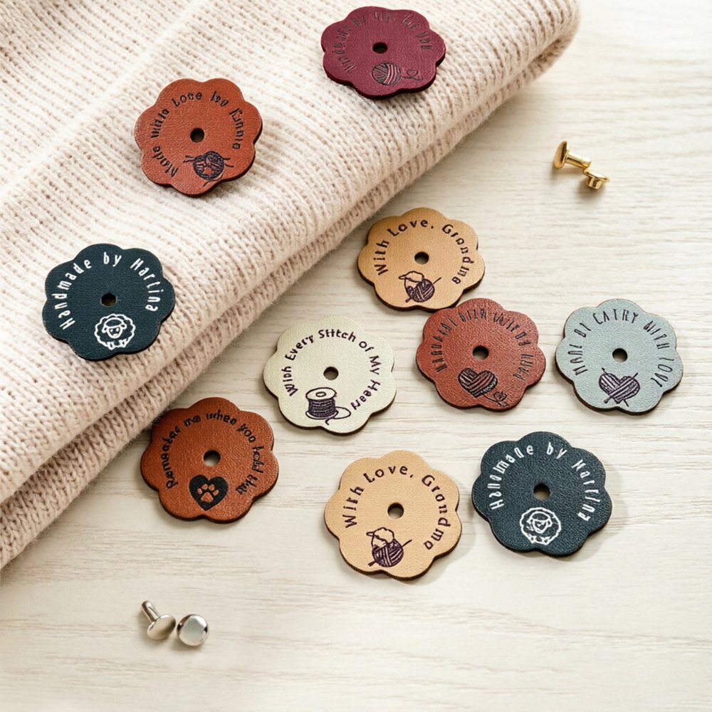 Gepersonaliseerde bloemenlabels van PU-leer, set van 10 met pictogram en tekst – DIY-labels voor brei- en haakwerk – Verjaardagscadeau voor naailiefhebbers en breiers 5