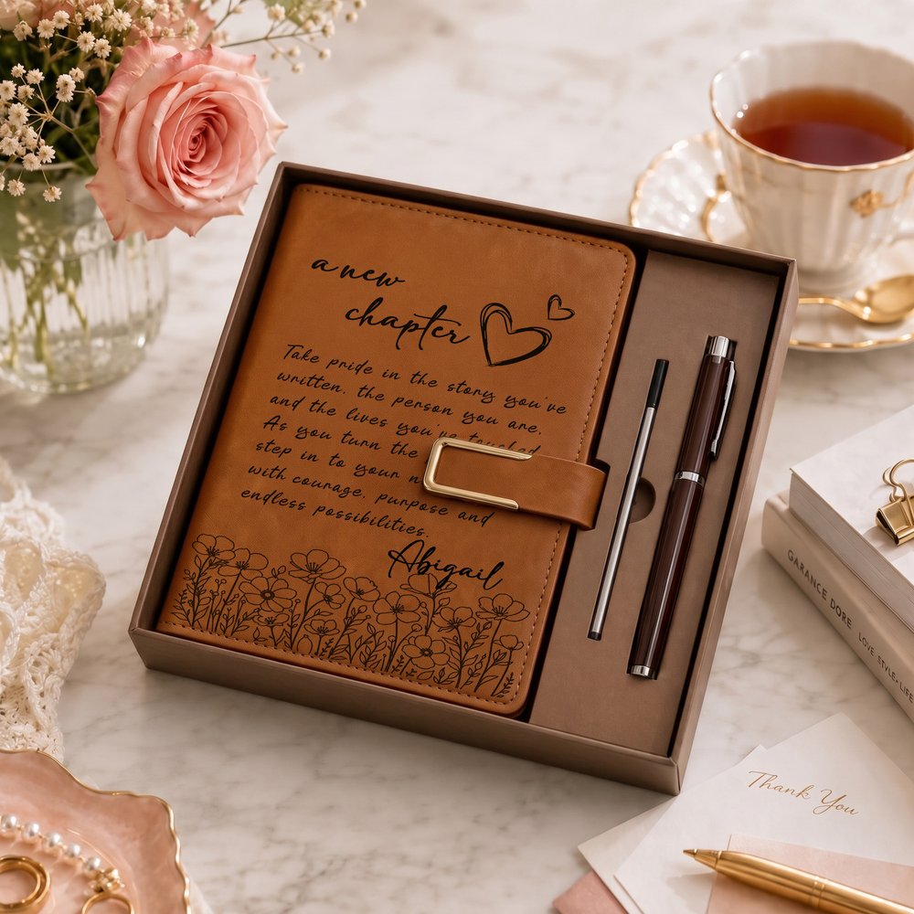 Taccuino personalizzato in pelle PU formato A5 con motivo floreale "A New Chapter" e nome, ideale come regalo di pensionamento, addio o fine rapporto di lavoro per un amico o un collega in pensione 7