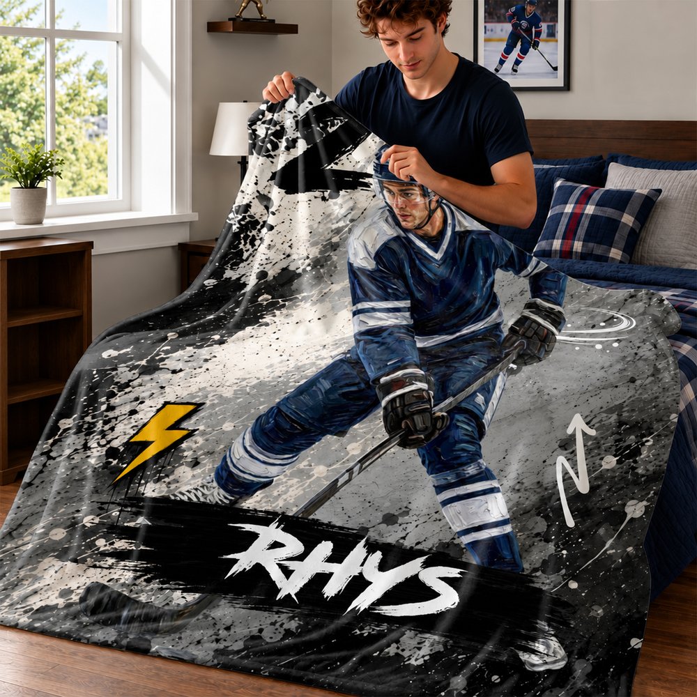 Personalized Graffiti Oil Painting Style Photo Soft Throw Blanket with Name Ice Hockey Club Birthday Gift for Ice Hockey Player Lover 3