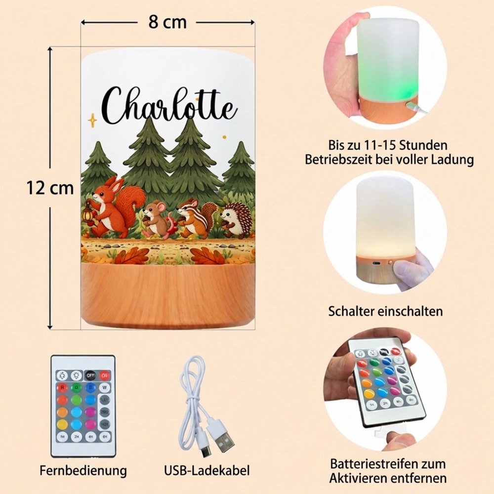 Personalisiertes Nachtlicht mit Waldtier und Namen | mit Hase Reh & Igel | Begleiter durch die Nacht | Geburstags- & Weihnachtsgeschenk für Kinder 11
