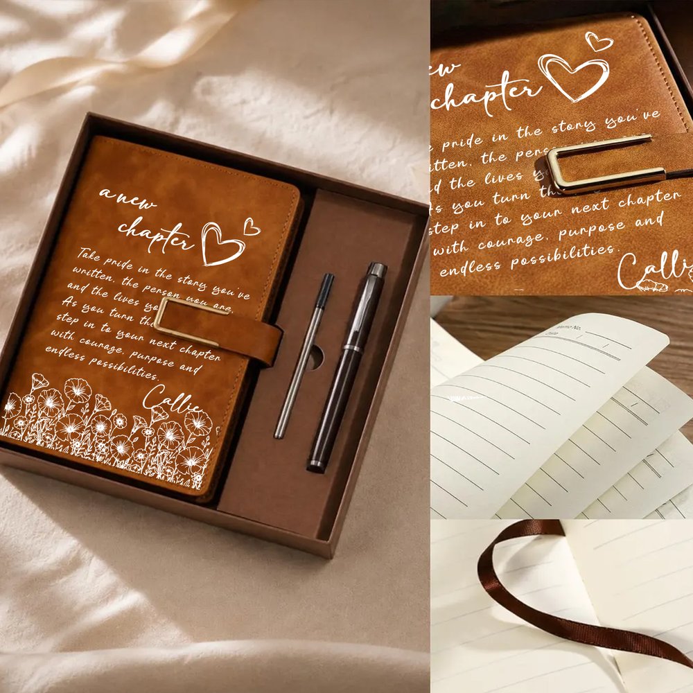Taccuino personalizzato in pelle PU formato A5 con motivo floreale "A New Chapter" e nome, ideale come regalo di pensionamento, addio o fine rapporto di lavoro per un amico o un collega in pensione 4