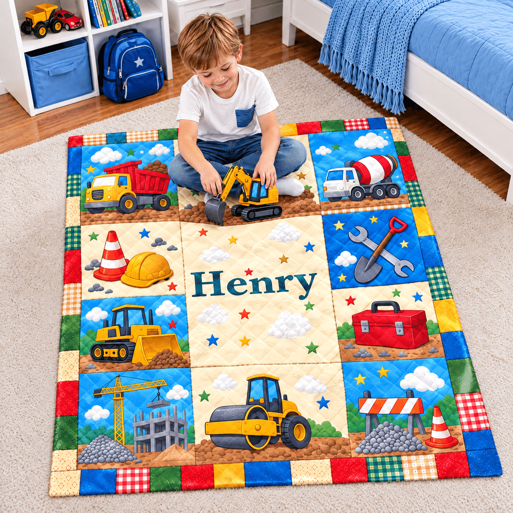 Personalised Patchwork Construction Lorry Faux Quilted Soft Throw Blanket with Name Home Decor Birthday Christmas Holiday Gift for Boys Kids 2