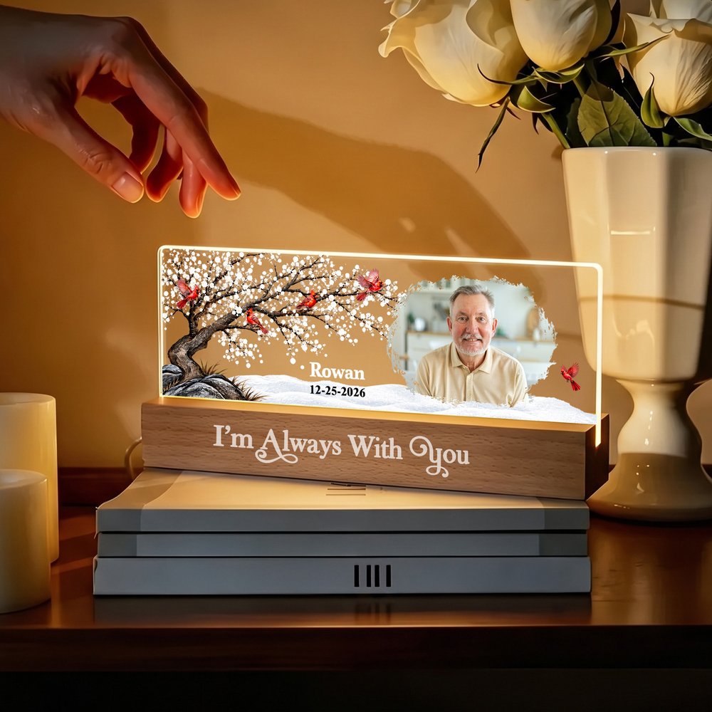 Personalized Cardinal Bird Photo Acrylic LED Night Light with Name Year and Wooden Base Room Decor Memorial Sympathy Gift for Loss of Family 5