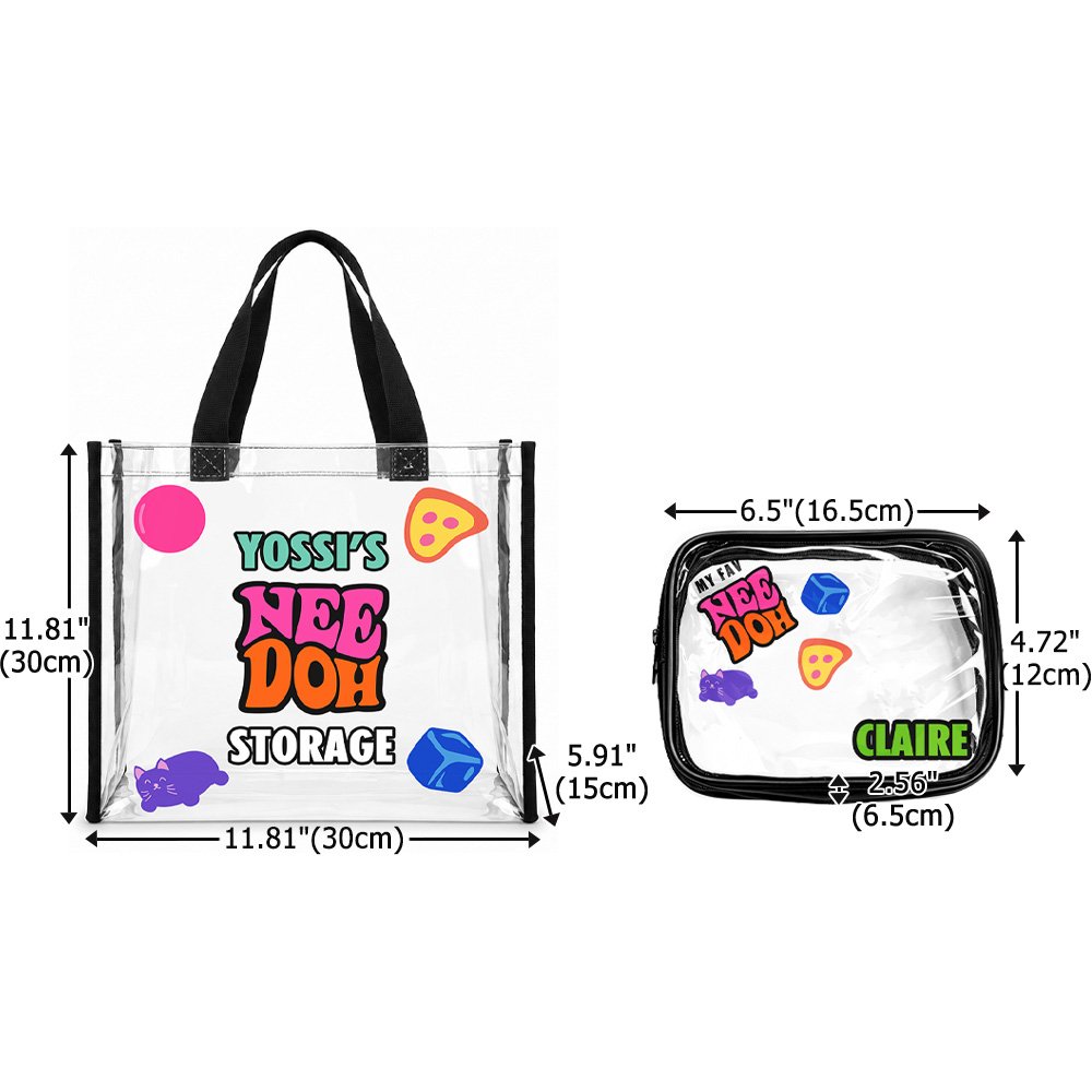 Gepersonaliseerde schattige kattenspeeltjes met dumpling-motief, set van doorzichtige draagtassen en opbergzakjes met naam, voor dagelijks gebruik, verjaardagscadeau voor kinderen 6