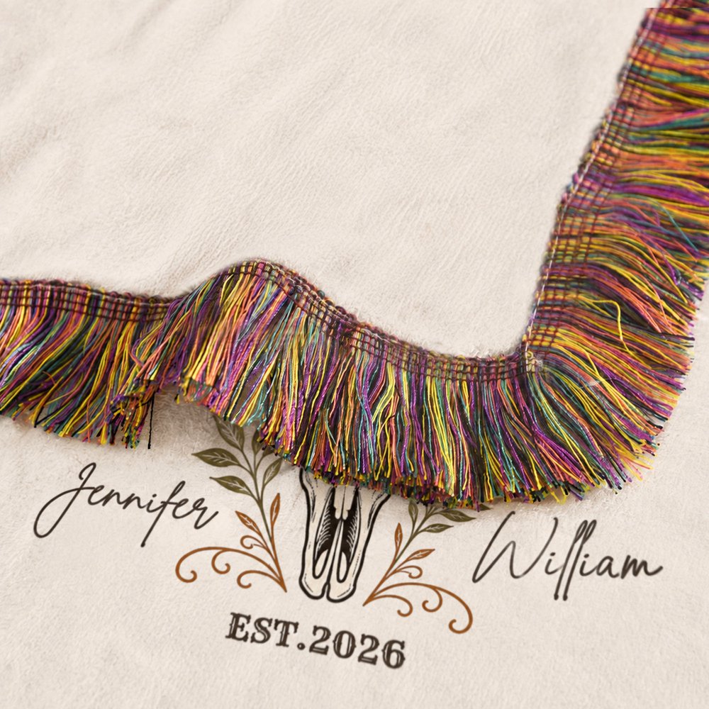 Personalised Western Cow Skull Tassel Blanket with Names and Year Home Decor Birthday Anniversary Gift for Couples 6