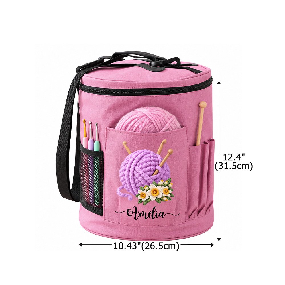 Personalized Yarn Ball Birth Flower Oxford Large Cylindrical Yarn Storage Bag with Name Daily Use Birthday Gift for Crochet Lovers Women 8
