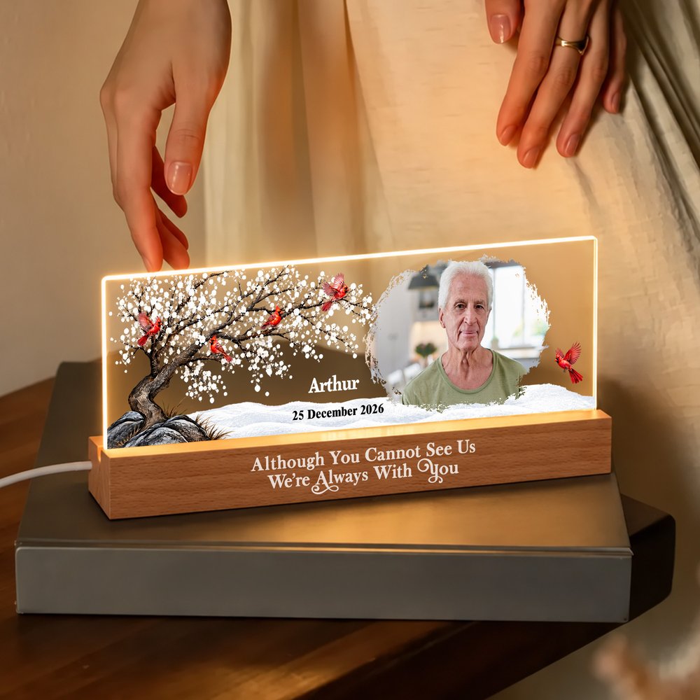 Personalized Cardinal Bird Photo Acrylic LED Night Light with Name Year and Wooden Base Room Decor Memorial Sympathy Gift for Loss of Family 3