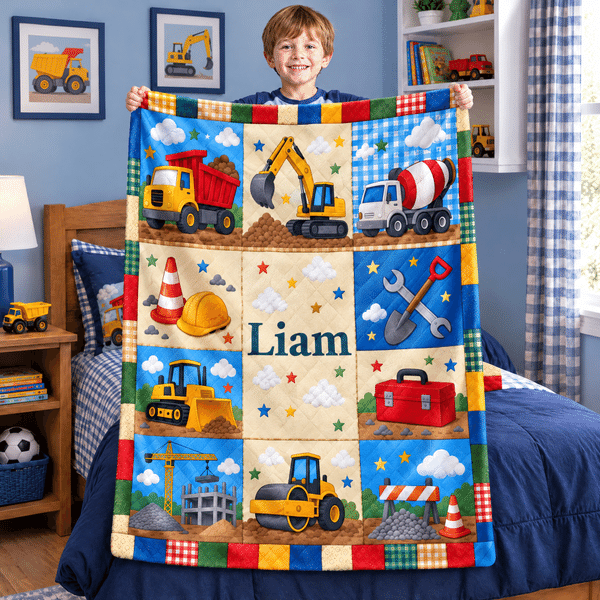 Personalised Patchwork Construction Lorry Faux Quilted Soft Throw Blanket with Name Home Decor Birthday Christmas Holiday Gift for Boys Kids