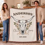 Personalised Western Cow Skull Tassel Blanket with Names and Year Home Decor Birthday Anniversary Gift for Couples 2