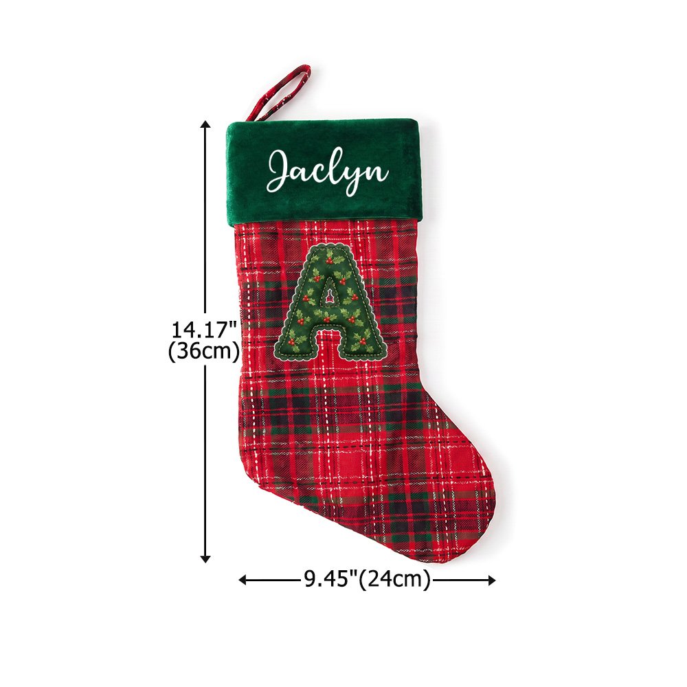 Personalized Christmas Style Initial Red Green Plaid Christmas Stocking with Name Home Decor Christmas Gift for Kids Family Friends 7