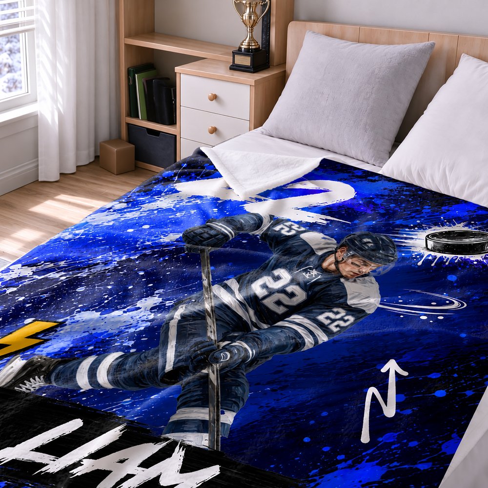 Personalized Graffiti Oil Painting Style Photo Soft Throw Blanket with Name Ice Hockey Club Birthday Gift for Ice Hockey Player Lover 6